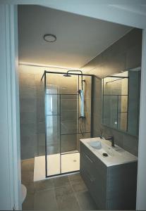 a bathroom with a glass shower and a sink at Vila Pombal Tomar Apartments - Pool & City Views in Tomar