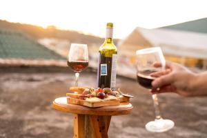 a person holding a glass of wine and a plate of food at Cozy Renting Casa in Santa Rosa de Copán