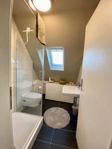 La salle de bains est pourvue d'une douche, de toilettes et d'un lavabo. dans l'établissement Cozy City Apartment Daun - Ferienwohnung - EIFEL The Natural Home, à Daun