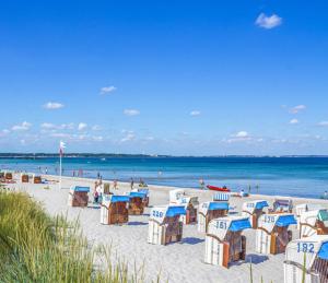 einen Strand mit blauen und weißen Stühlen und dem Meer in der Unterkunft ٤Sweet Spot٤Geräumig-King Bed-Disney+-Parken in Scharbeutz