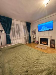 - une chambre avec un grand lit et une cheminée dans l'établissement Vintage Apartament, à Constanţa