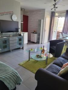 een woonkamer met een bank en een tv bij Rosenhirsch Ferienwohnung in Altenau