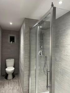 a bathroom with a toilet and a glass shower at New 2BED Kay Road SW9 London in London
