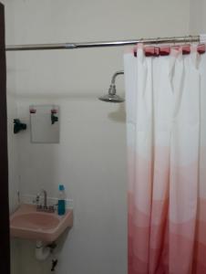 a bathroom with a sink and a shower curtain at Habitación privada entrada independiente in Tuxtla Gutiérrez