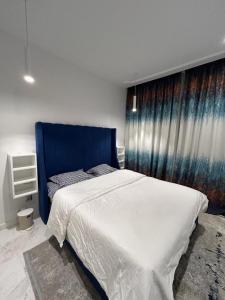 拉馬薩的住宿－luxueux duplex avec Rooftop a la Marsa，卧室里一张带蓝色床头板的床