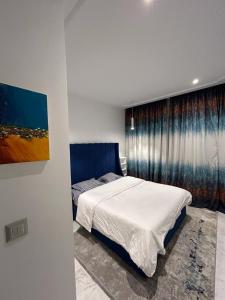 拉馬薩的住宿－luxueux duplex avec Rooftop a la Marsa，卧室配有一张床,墙上挂有绘画作品
