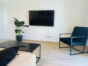 a living room with a couch and a chair and a tv at LIGHTPLACE • Moderne Innenstadt-Wohnung • Balkon zur Oker in Braunschweig