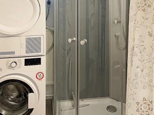porta doccia in vetro accanto a una lavatrice di Holiday home SÖLVESBORG X a Sölvesborg