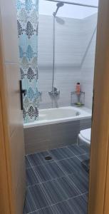 a bathroom with a bath tub and a toilet at Lea Apartament in Sarandë