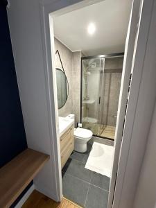La salle de bains est pourvue de toilettes et d'une douche en verre. dans l'établissement T3/2 douches/Parking/Villejuif/Paris/IGR, à Villejuif