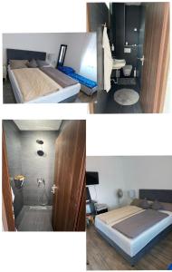2 fotos de un dormitorio con cama y baño en Apartmani Dramalj, en Dramalj