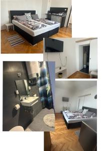 un collage de fotos de un dormitorio con cama y lavabo en Apartmani Dramalj, en Dramalj