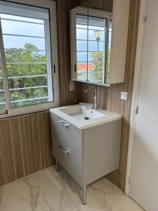 łazienka z umywalką, lustrem i oknem w obiekcie Villa magnifique vue mer w mieście Banyuls-sur-Mer