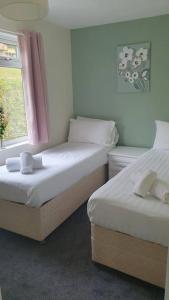 two beds in a room with a window at Honicombe Valley Lodge 23 Hot Tub Lodge in Gunnislake