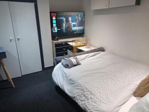 a bedroom with a bed and a flat screen tv at Affordable Private Space in a Central Part of Leeds- Free WIFI, Free Parking in Leeds