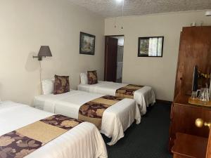 a hotel room with three beds and a television at Soluxe el sesteo in San José