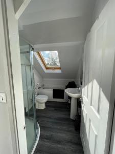 uma casa de banho com um chuveiro, um WC e um lavatório. em The Hayloft, Marsden em Huddersfield