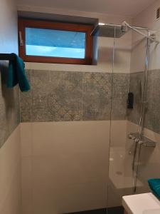 ein Bad mit einer Dusche und einem Fenster in der Unterkunft 1 Zimmer Appartement nahe Gmunden Top2 in Pinsdorf