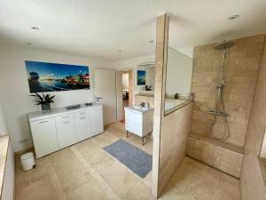 a bathroom with a shower and a sink at Anitas Ferienwohnung in Meßkirch