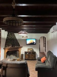 a living room with a couch and a fireplace at Sierra de Huelva-Chalet completo in El Cerro de Andévalo