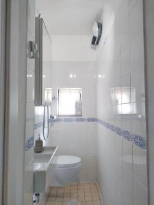 La salle de bains blanche est pourvue de toilettes et d'un lavabo. dans l'établissement Casa Il Fabbro, à Il Fabbro