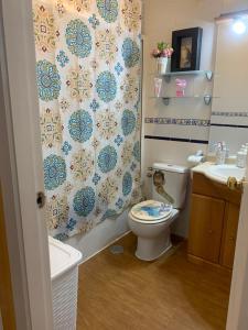 a bathroom with a toilet and a shower curtain at Cool Garden Sevilla Aljarafe in Mairena del Aljarafe +28 photos