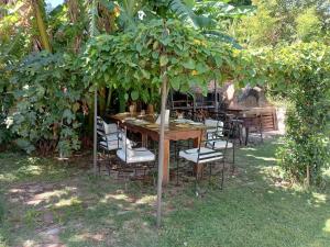 a wooden table and chairs under a tree at A estrenar, en San Isidro. in Beccar