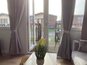 a living room with a sliding glass door with a plant at J16 Mablethorpe Pet Friendly Chalet in Mablethorpe