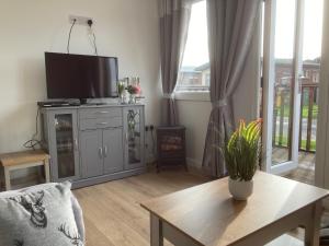 a living room with a tv and a table at J16 Mablethorpe Pet Friendly Chalet in Mablethorpe