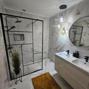 a bathroom with a shower and a sink and a mirror at Coastal Dream Villa in San Miguel de Abona