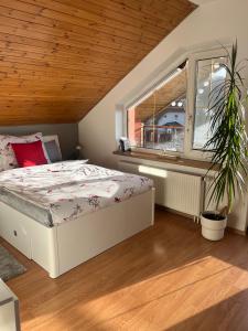sypialnia z łóżkiem i oknem w obiekcie Podkrovní apartmán s balkónem w Ostravie