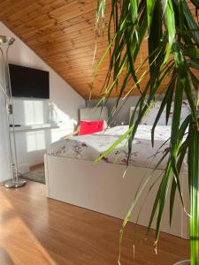 Postel nebo postele na pokoji v ubytování Podkrovní apartmán s balkónem