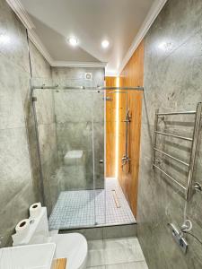 uma casa de banho com um chuveiro, um WC e um lavatório. em Жк DIAL RESIDENCE возле Арбата и Мега центра em Almaty
