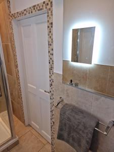 a bathroom with a shower with a mirror and a towel at Dublin's Fair City Apartment in Dublin
