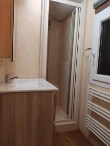 uma casa de banho com um lavatório e um chuveiro em Mobil home willerby de luxe em Le Portel