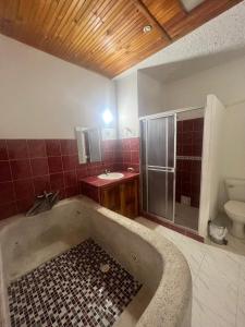 La salle de bains est pourvue d'une baignoire, de toilettes et d'un lavabo. dans l'établissement Paris Soleil Hotel Campestre, à Mariquita