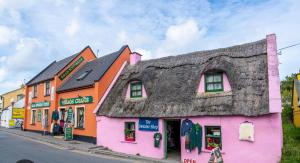 a building with a thatched roof on a street at The Nest in Doolin