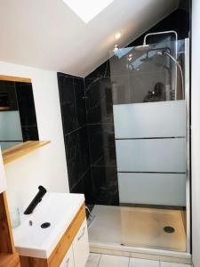 een badkamer met een wastafel en een douche in de kamer bij L'invention poétique - T2 charmant en Hyper centre in Abbeville