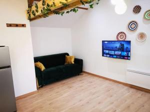 sala de estar con sofá negro y TV en L'invention poétique - T2 charmant en Hyper centre, en Abbeville