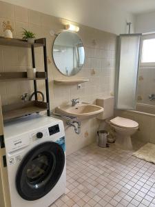 a bathroom with a washer and a toilet and a sink at Appartement Au Rhin mit Balkon in Bad Bellingen in Bad Bellingen