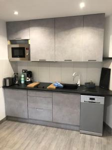 una cocina con fregadero y encimera en Rez de jardin Cosy entre Disney et Paris, en Lagny