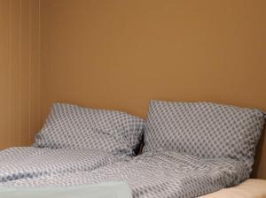 トロンハイムにあるLys og hyggelig leilighet, 3- roms på Solsidenのベッドの横に座った枕2つ