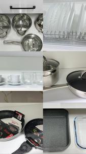 four pictures of plates and pans in a refrigerator at Eden’s Apartament in Pogradec