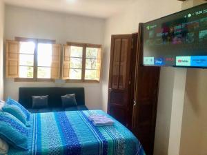 - une chambre avec un lit et une télévision à écran plat dans l'établissement Casa en la Candelaria con Gran Terraza Privada, à Bogotá