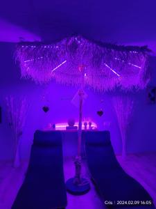 una camera viola con tavolo e ombrellone di Le relax a La Louvière