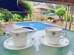 two cups and saucers on a table near a pool at A Lovely Pool House in Forest in Wonga Park