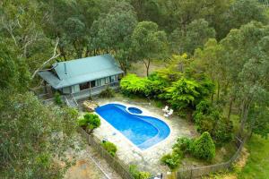 Wonga Park的住宿－A Lovely Pool House in Forest，享有带游泳池的别墅的顶部景致