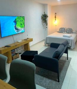 Apartaestudio Zona Norte - Vipasa في كالي: غرفة معيشة مع سرير وتلفزيون بشاشة مسطحة