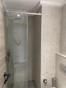 una doccia con porta in vetro in bagno di Appartement de luxe lac 2 a La Goulette (La Goletta)