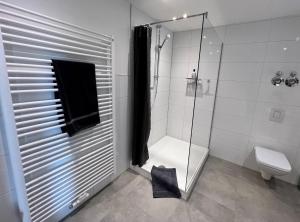 a bathroom with a shower and a toilet at PISO SUPERIOR - Exklusives Apartment an der Promenade mit Rheinsicht & Loggia in Emmerich